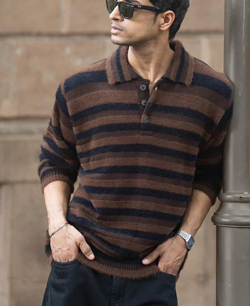 Dark Brown Striped Polo T-Shirt - Image 2