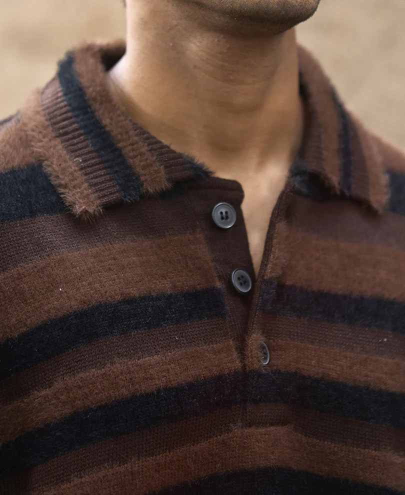 Dark Brown Striped Polo T-Shirt - Image 3