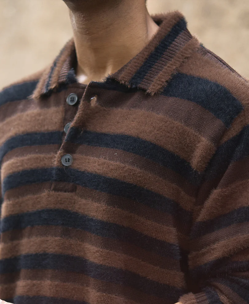 Dark Brown Striped Polo T-Shirt - Image 4