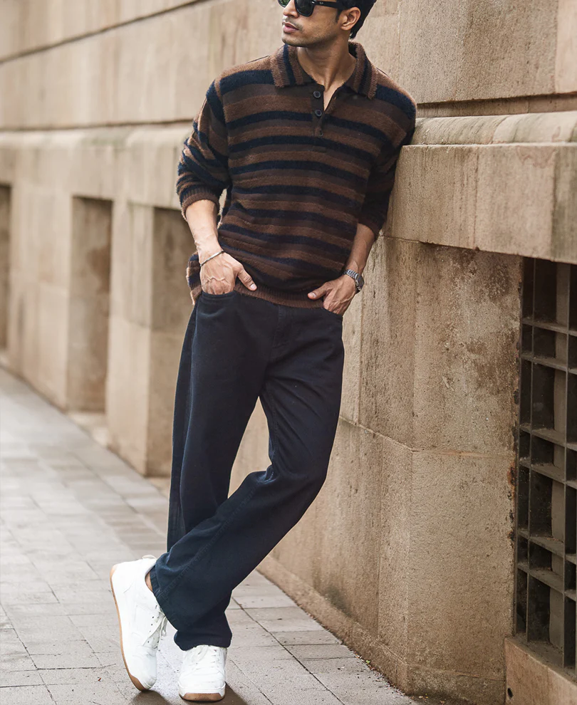 Dark Brown Striped Polo T-Shirt - Image 6