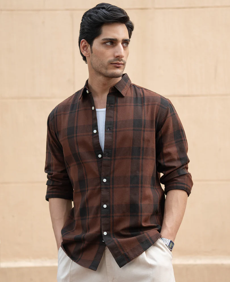Dark Brown Structured Checked Shirt 100% Cotton - Image 2