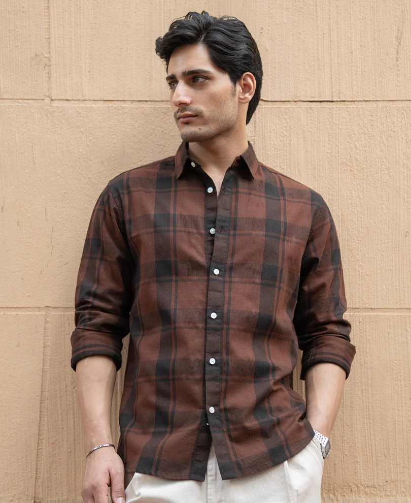 Dark Brown Structured Checked Shirt 100% Cotton - Image 3