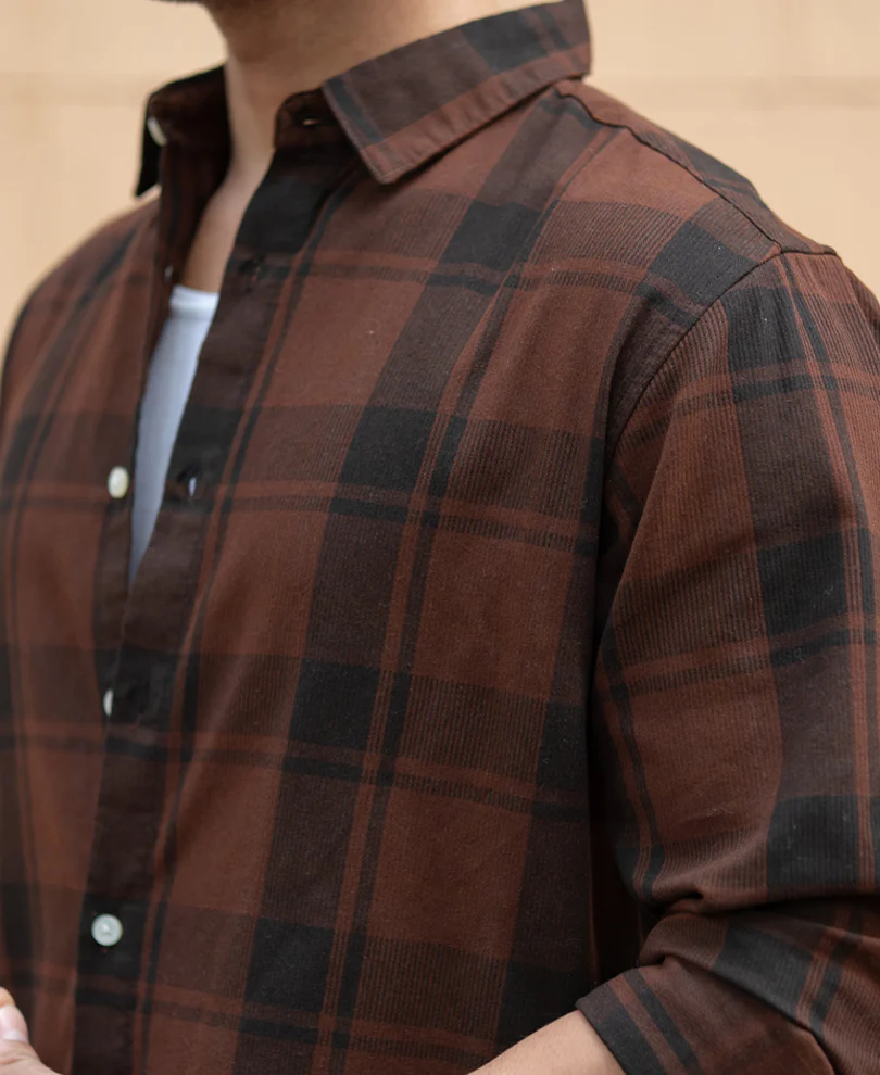 Dark Brown Structured Checked Shirt 100% Cotton - Image 4