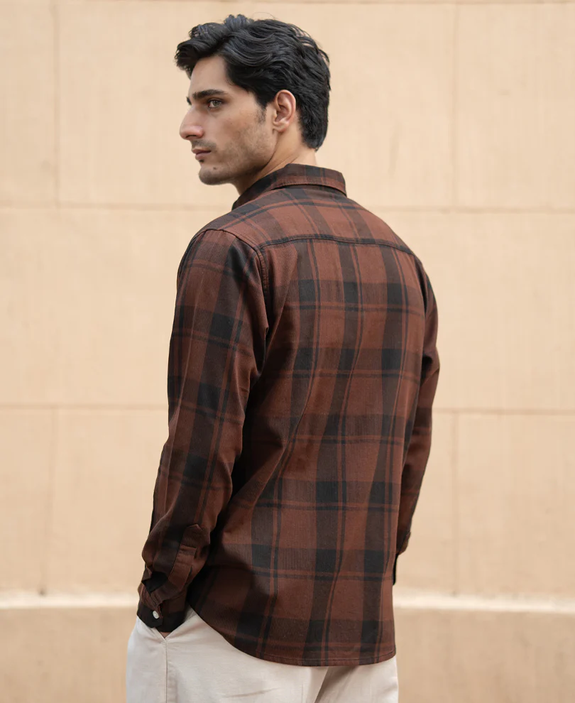 Dark Brown Structured Checked Shirt 100% Cotton - Image 5