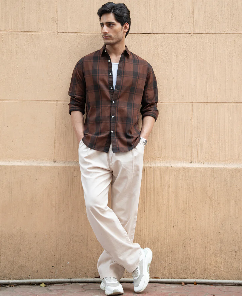 Dark Brown Structured Checked Shirt 100% Cotton - Image 6