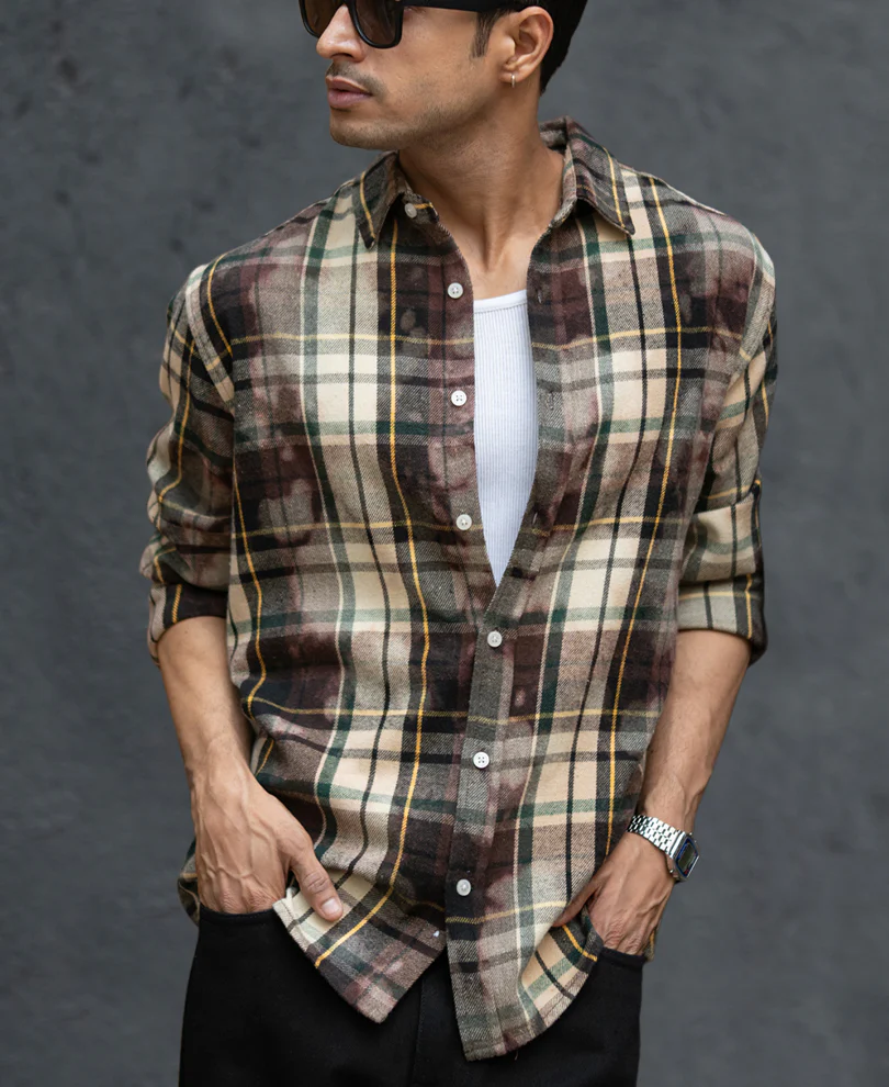 Dark Brown Washed Checks Shirt - Image 3