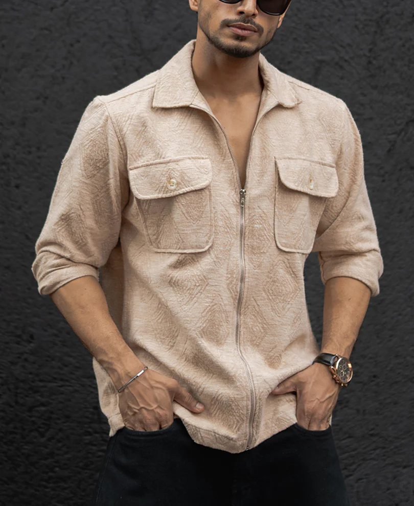 Dark Fawn Regular Fit Full Sleeves Shirt With Zip - Image 3