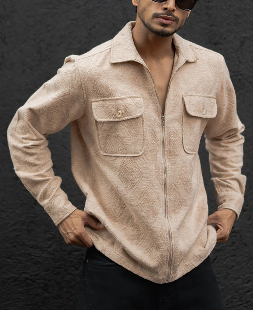 Dark Fawn Regular Fit Full Sleeves Shirt With Zip - Image 4