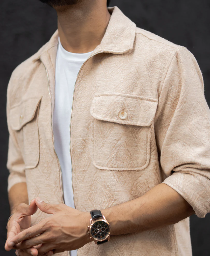 Dark Fawn Regular Fit Full Sleeves Shirt With Zip - Image 6