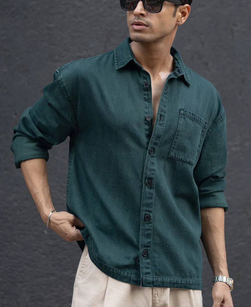 Dark Green Over Dyed Denim Shirt 100% Cotton - Image 2