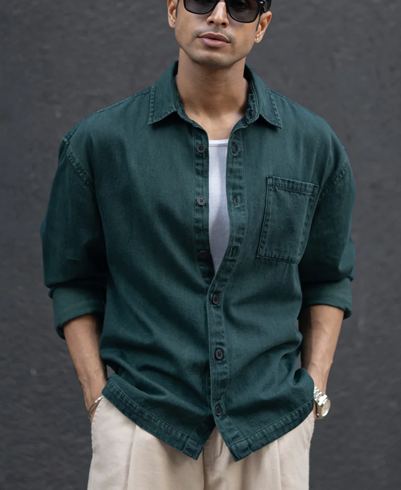Dark Green Over Dyed Denim Shirt 100% Cotton - Image 3