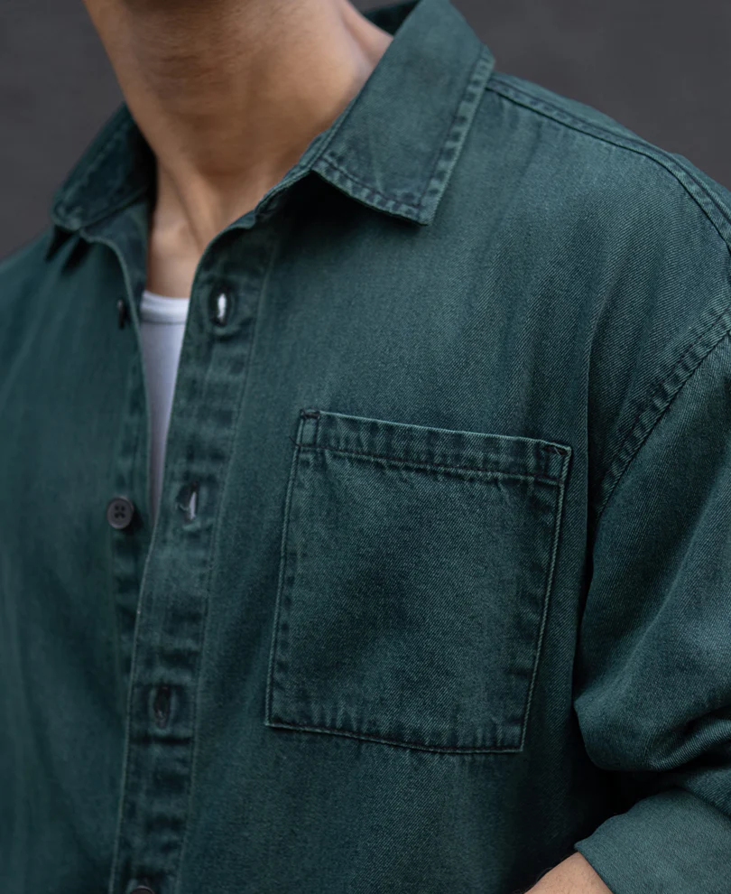 Dark Green Over Dyed Denim Shirt 100% Cotton - Image 4