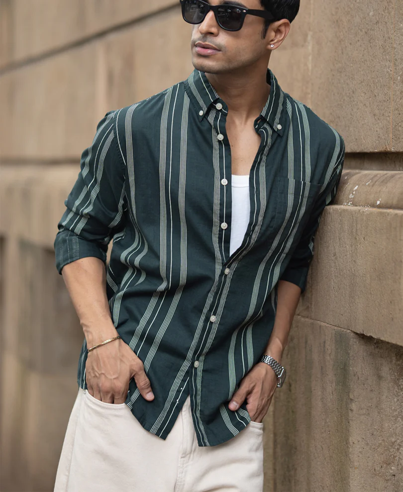 Dark Green Stripped Button Down Shirt 100% Cotton - Image 2