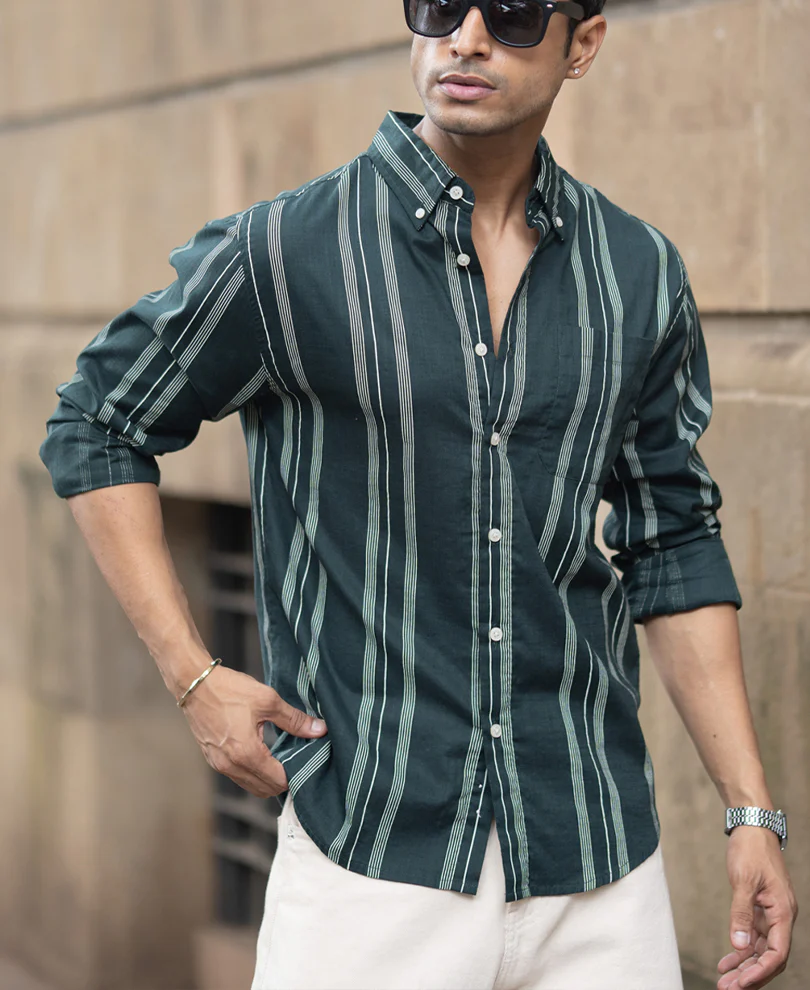 Dark Green Stripped Button Down Shirt 100% Cotton - Image 3