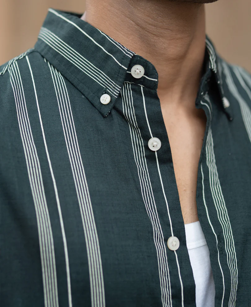 Dark Green Stripped Button Down Shirt 100% Cotton - Image 4