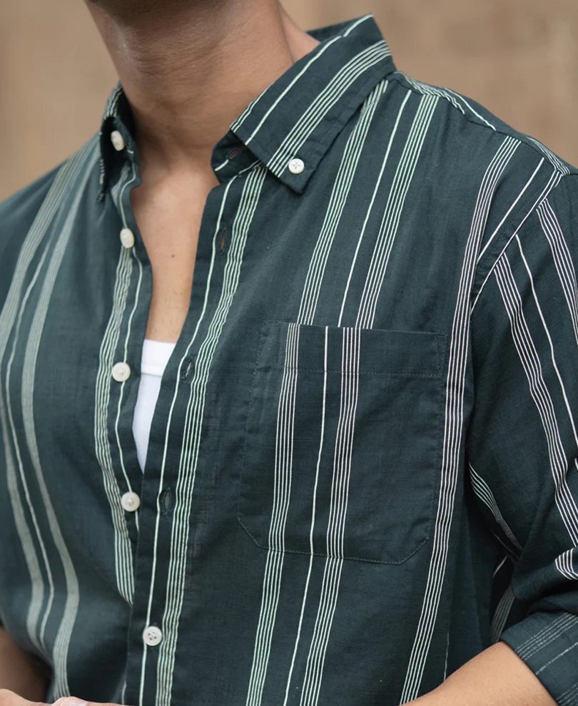 Dark Green Stripped Button Down Shirt 100% Cotton - Image 5