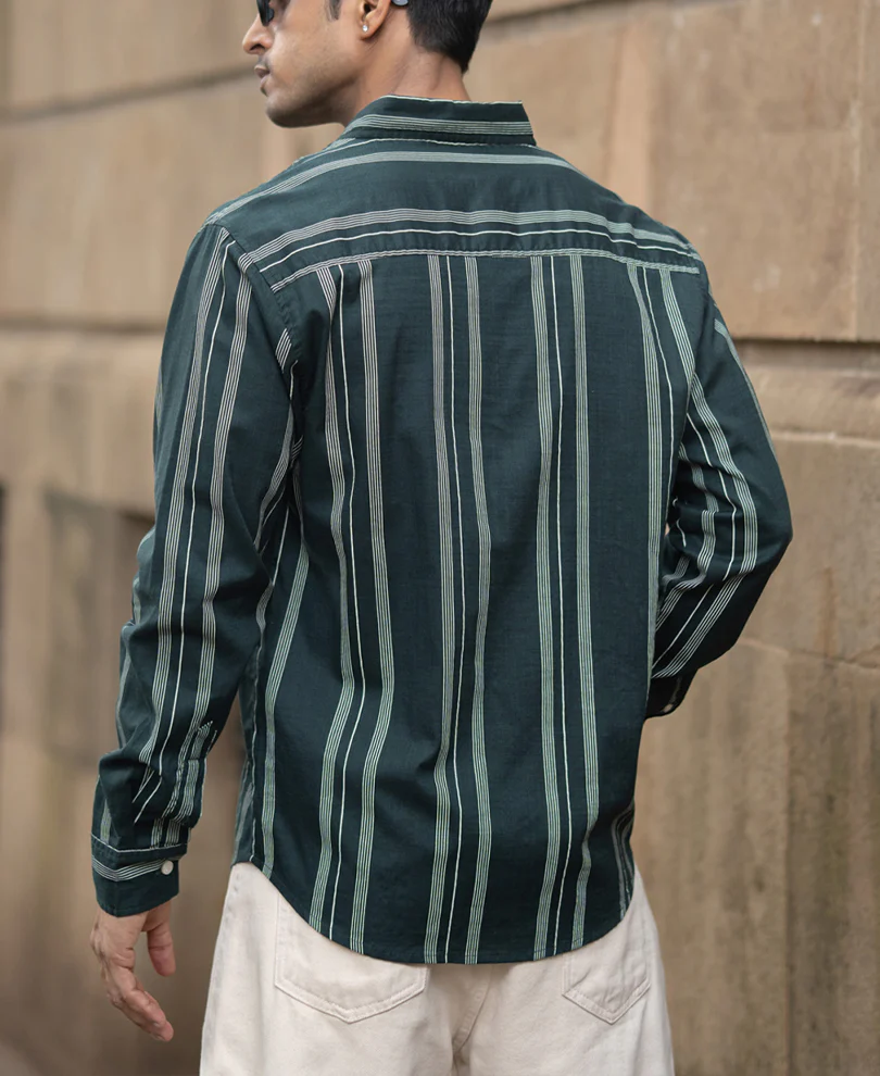 Dark Green Stripped Button Down Shirt 100% Cotton - Image 6
