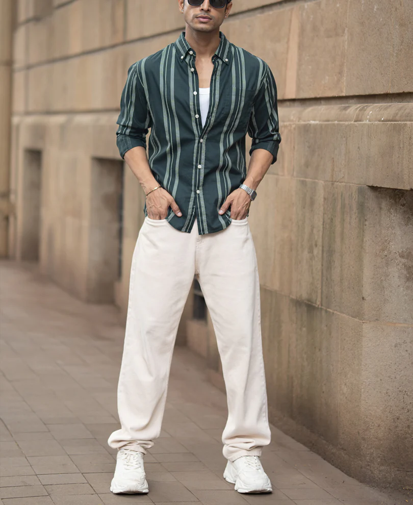 Dark Green Stripped Button Down Shirt 100% Cotton - Image 7