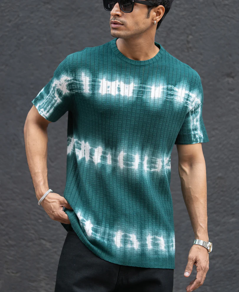 Dark Green Tie Dye Knit T-Shirt 100% Cotton - Image 2