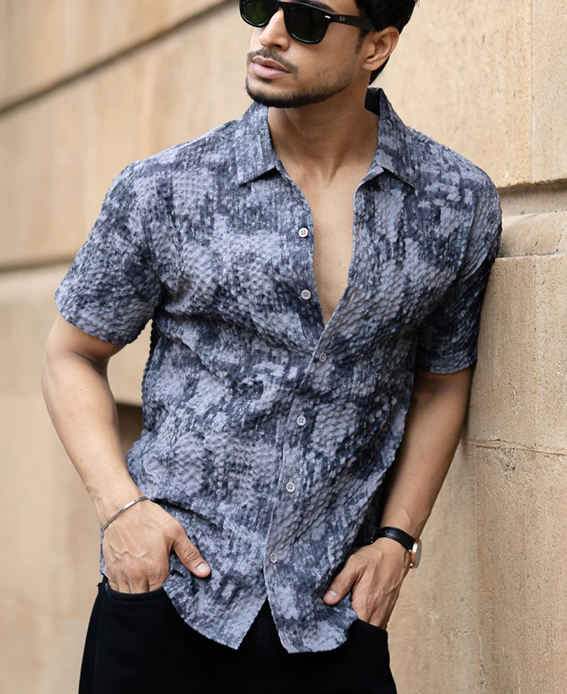 Dark Grey Abstract Regular Fit Half Sleeves Shirt - Image 2