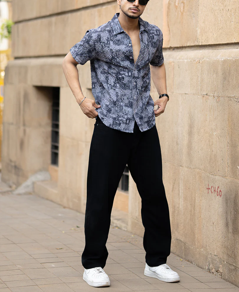 Dark Grey Abstract Regular Fit Half Sleeves Shirt - Image 6