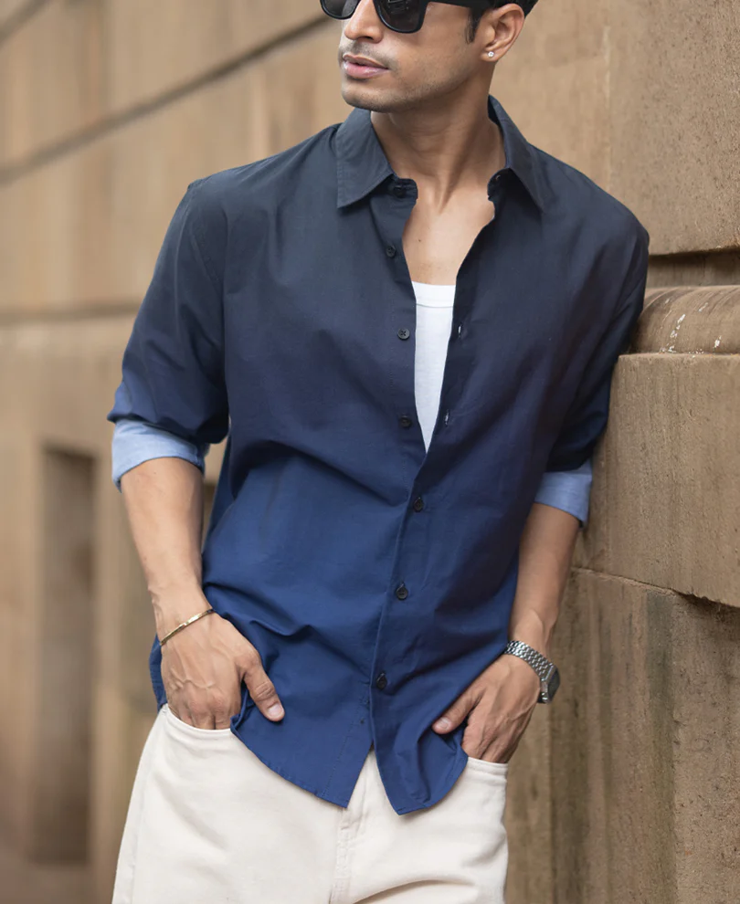 Dark Navy Ombre Print Shirt 100% Cotton - Image 2