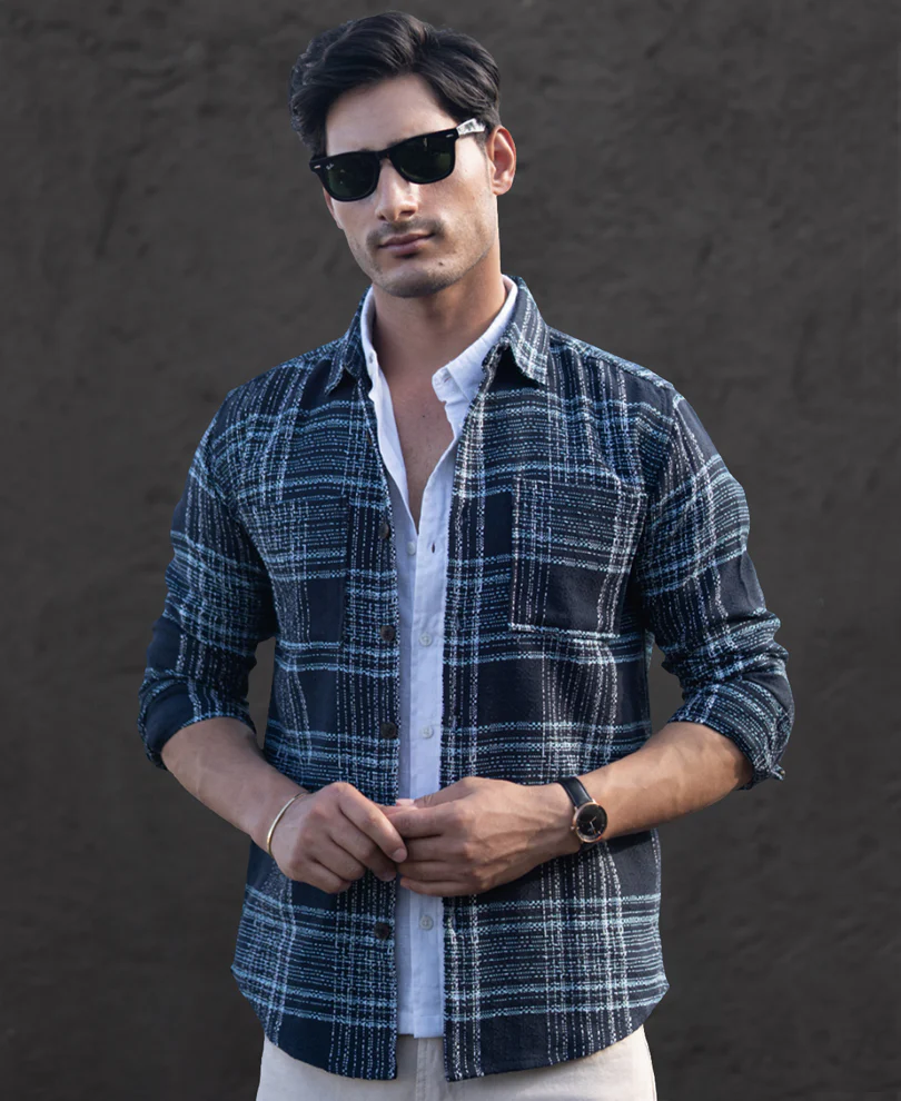 Dark Navy Structured Checks Shirt - Image 2