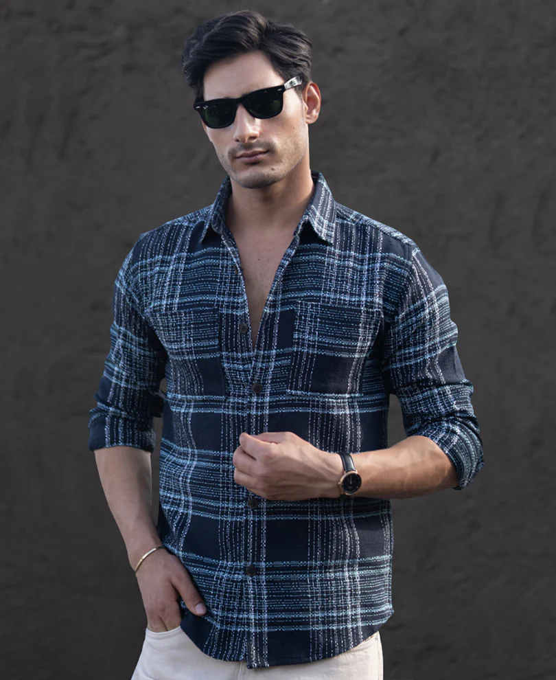 Dark Navy Structured Checks Shirt - Image 3