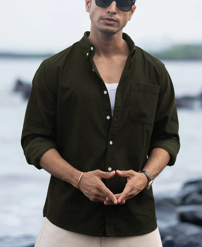 Dark Olive Corduroy Buttondown Shirt 100% Cotton - Image 2