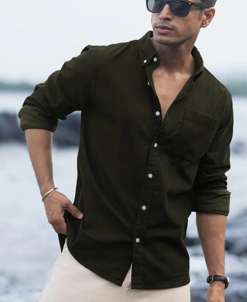 Dark Olive Corduroy Buttondown Shirt 100% Cotton - Image 3