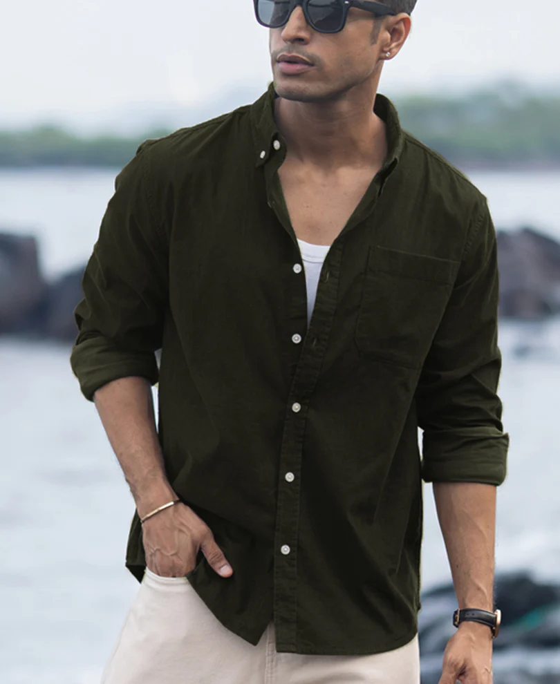 Dark Olive Corduroy Buttondown Shirt 100% Cotton - Image 4