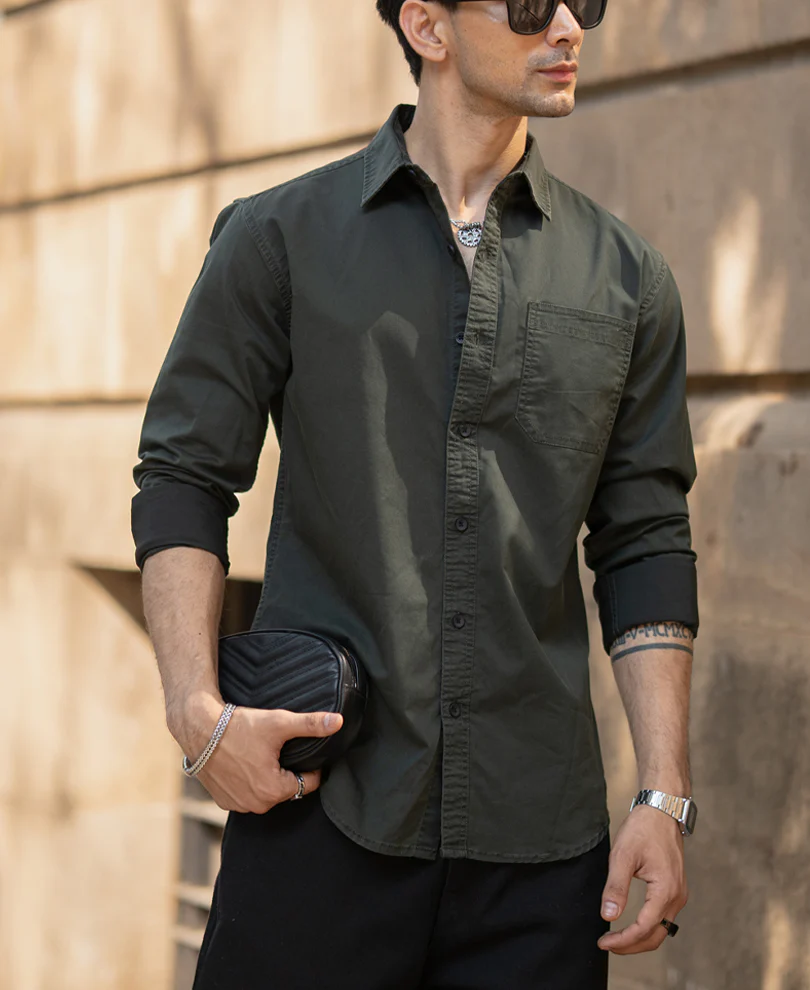 Dark Olive Twill Shirt 100% Cotton - Image 2