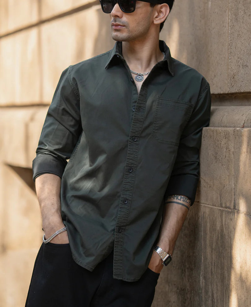 Dark Olive Twill Shirt 100% Cotton - Image 3