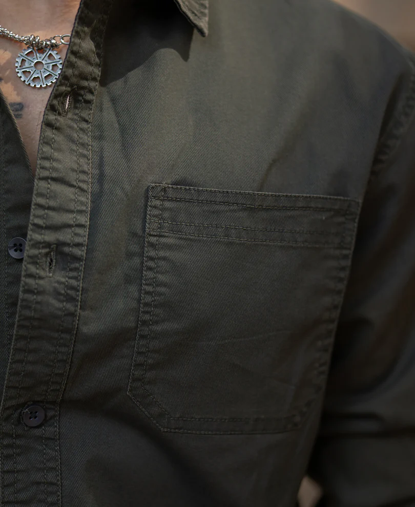 Dark Olive Twill Shirt 100% Cotton - Image 4