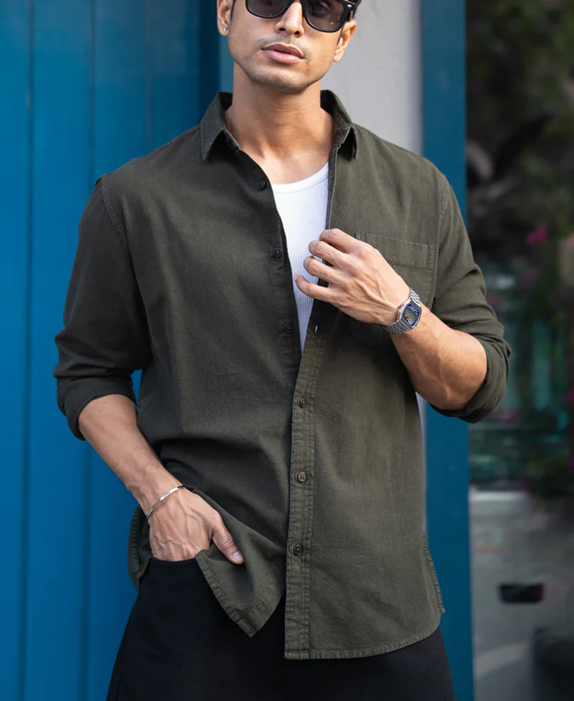 Dark Olive Washed Denim Shirt 100% Cotton - Image 2