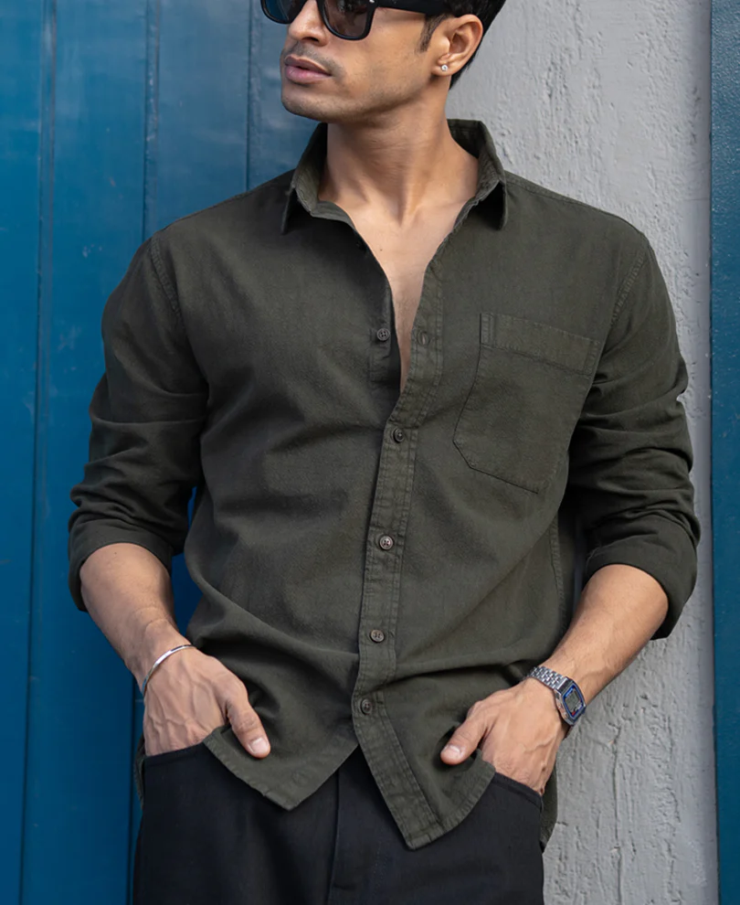 Dark Olive Washed Denim Shirt 100% Cotton - Image 3