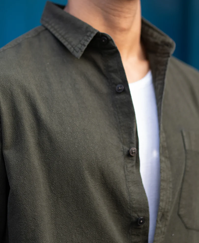 Dark Olive Washed Denim Shirt 100% Cotton - Image 4
