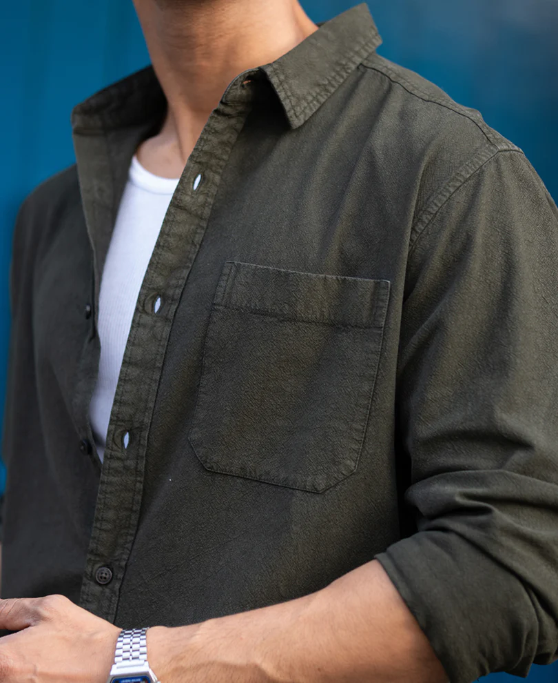 Dark Olive Washed Denim Shirt 100% Cotton - Image 5