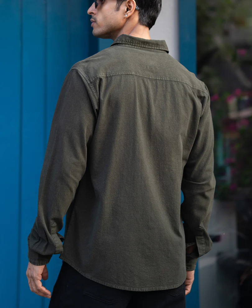 Dark Olive Washed Denim Shirt 100% Cotton - Image 6