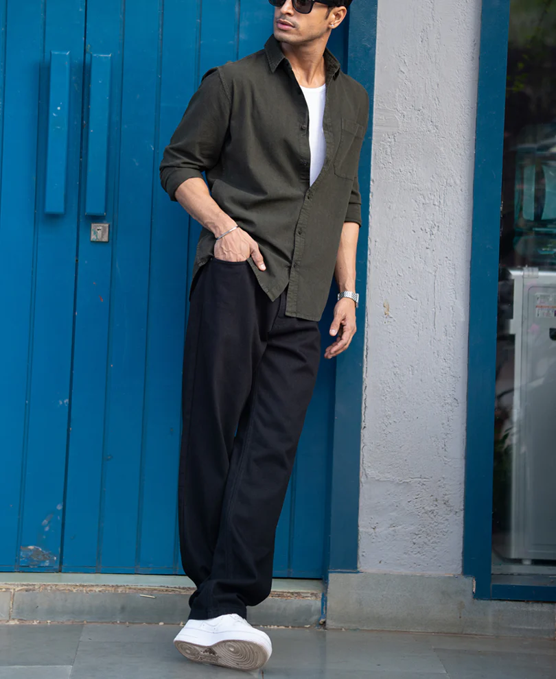 Dark Olive Washed Denim Shirt 100% Cotton - Image 7