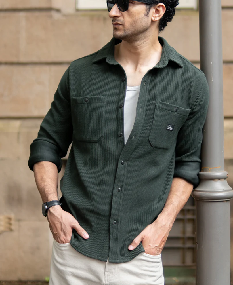 Dark Olive Knit Shirt With Pockets - Image 2