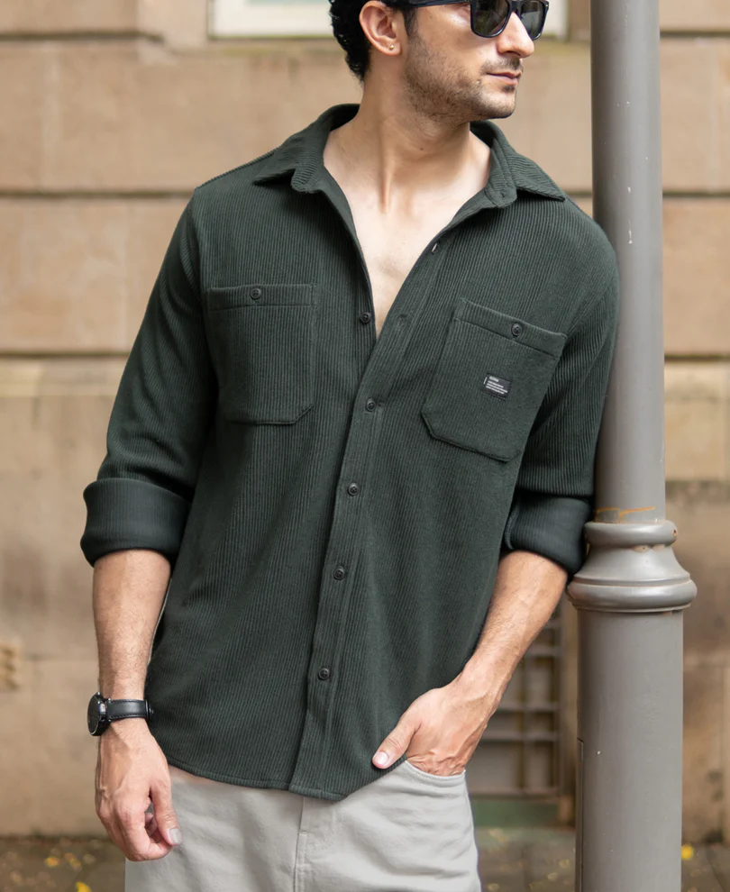 Dark Olive Knit Shirt With Pockets - Image 3