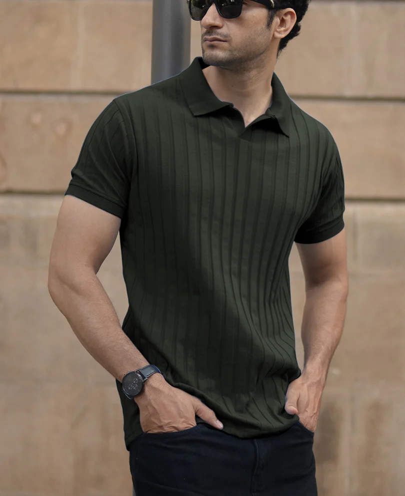 Dark Olive Self Stripe T-Shirt - Image 2