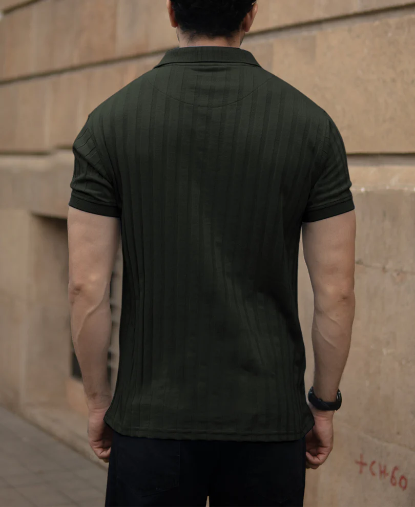 Dark Olive Self Stripe T-Shirt - Image 4