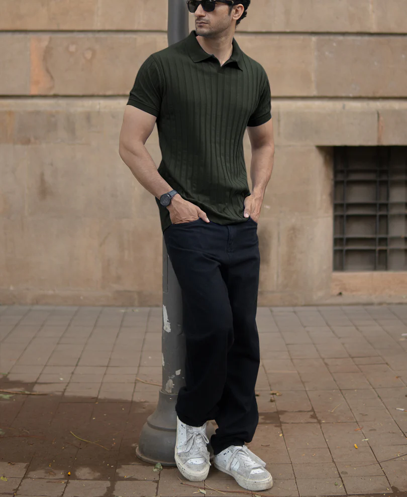 Dark Olive Self Stripe T-Shirt - Image 5