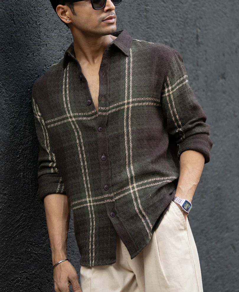 Dark Olive Structured Checks Shirt - Image 2