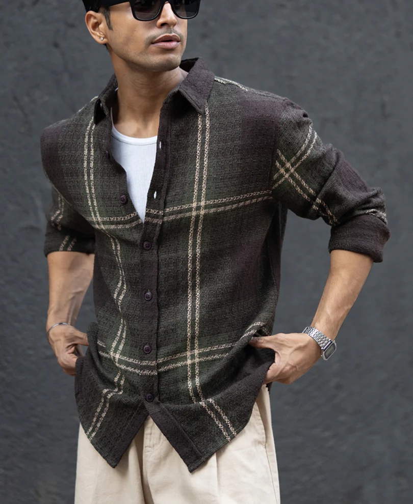 Dark Olive Structured Checks Shirt - Image 3