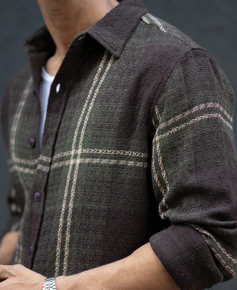 Dark Olive Structured Checks Shirt - Image 4