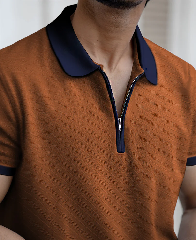 Dark Tan Contrast Collar Zipper T-Shirt - Image 3