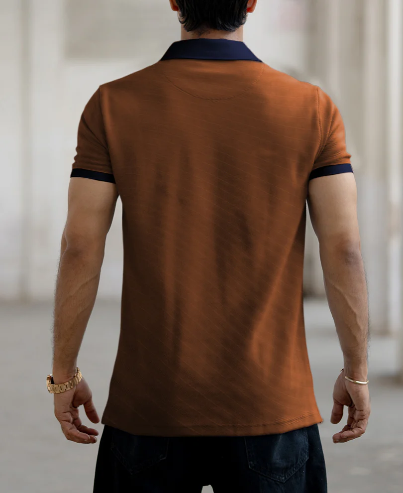Dark Tan Contrast Collar Zipper T-Shirt - Image 4